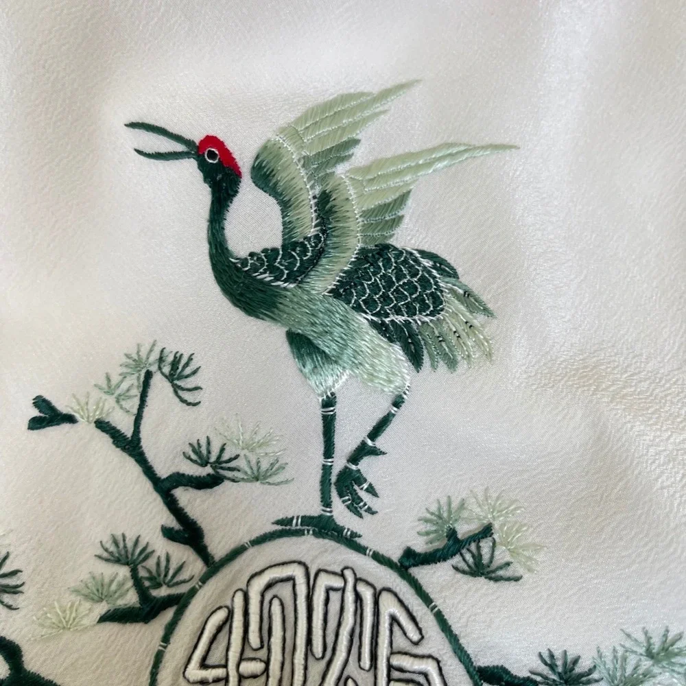 Vintage Silk Embroidered‎ Crane Scarf White Green Asian Bird Nature Souvenir